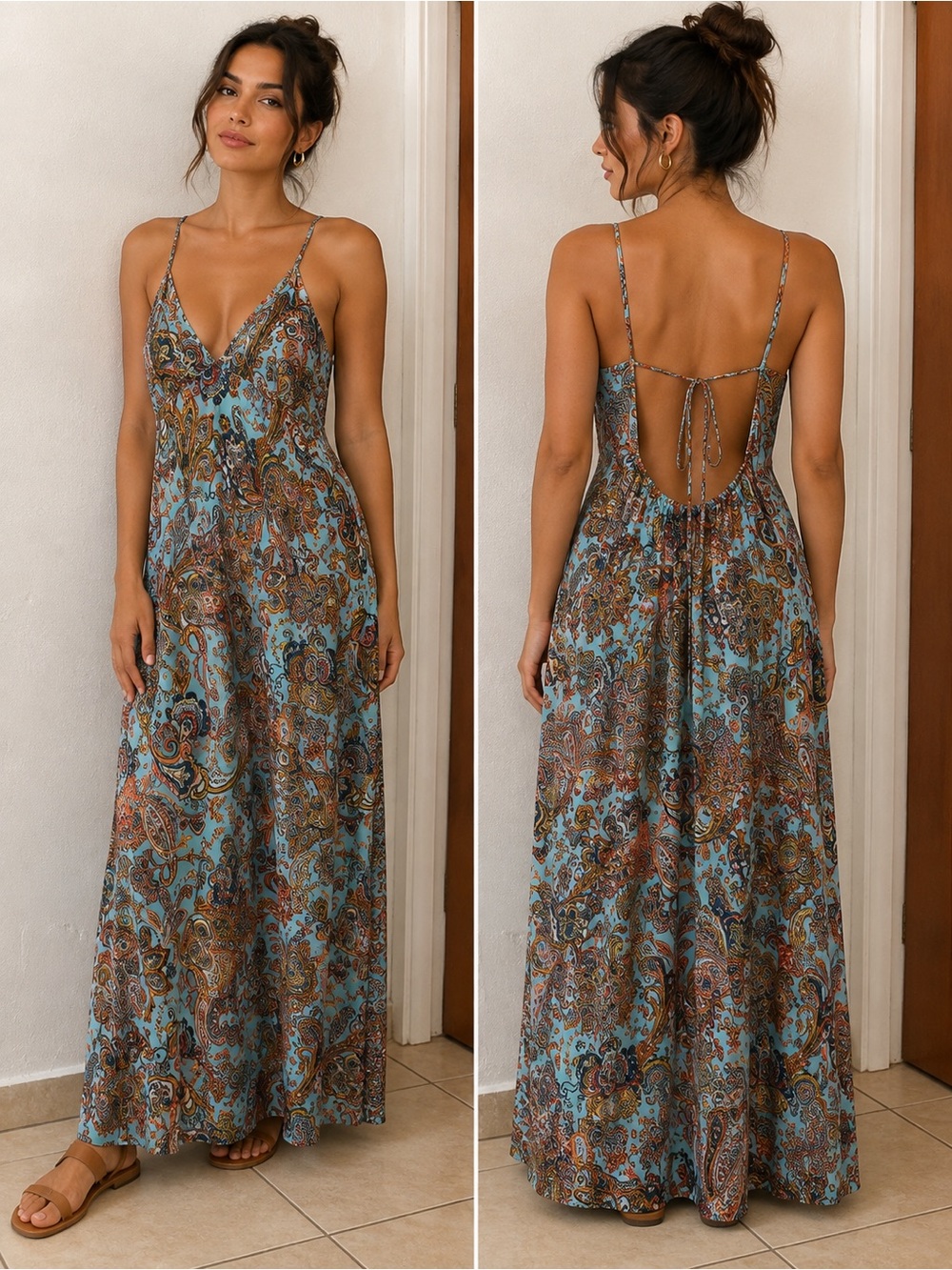 SHEIN Blue and Brown Paisley Strappy Maxi Dress